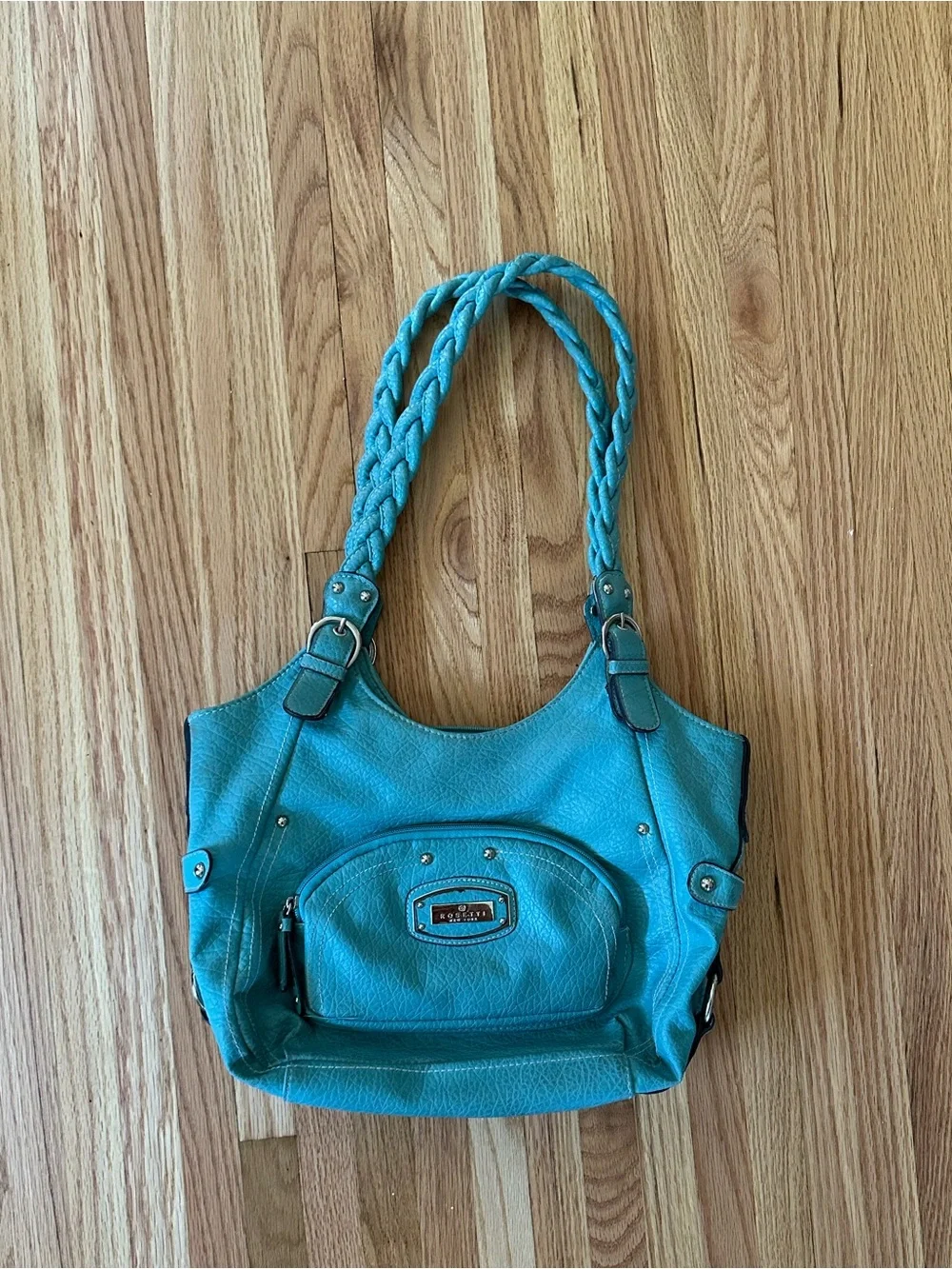 Turquoise Braided-Handle Tote Handbag